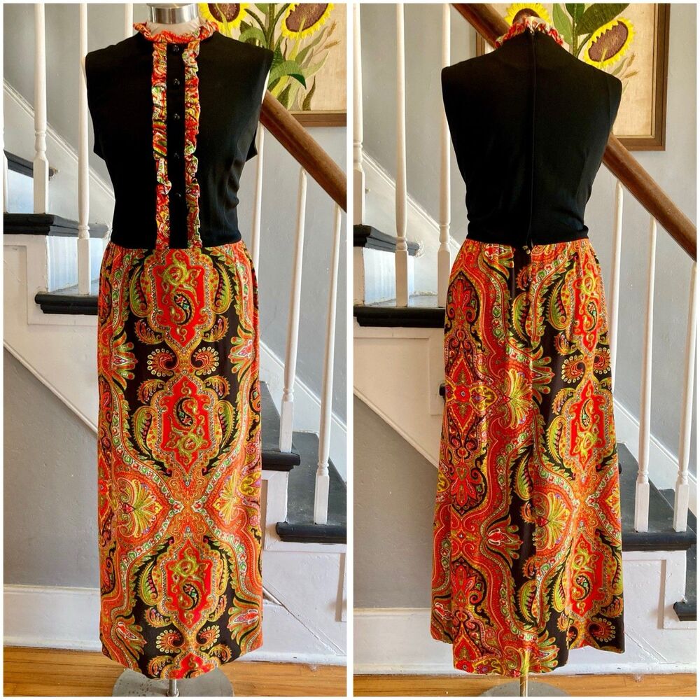 1960s 1970s Black And Red-Orange Psychedelic Paisley Maxi Dress Day-Glo